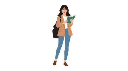 Vector illustration of a young woman student walking with a book and backpack, wearing casual clothes and glasses, isolated on white background.