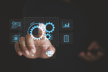 AI Robotic Process Automation with Futuristic Workflow Icon and Business Optimization Concept. Artificial intelligence, RPA smart technology, digital transformation, efficiency improvement in industry