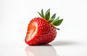 Juicy red strawberry with fresh bite taken, bright vibrant color, detailed texture, green leaves. Natural summer fruit, healthy snack, organic produce for dessert, culinary use.