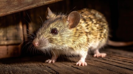 Close-up of a Domestic Mouse with Brown and Gray Fur Standing on Wooden Surface Near Wooden Wall in Indoor Environment