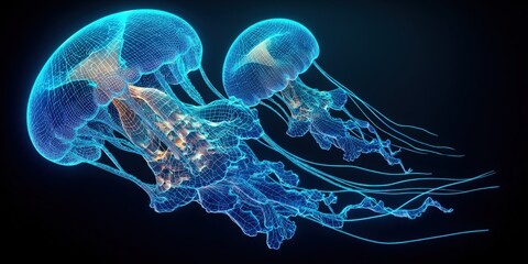 Obraz premium Detailed digital illustration of bioluminescent jellyfish swimming in the deep ocean highlighting transparent bodies and flowing tentacles