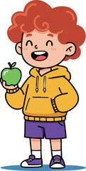 Happy redhead boy holding green apple in yellow hoodie and purple shorts smiling cartoon vector illustration