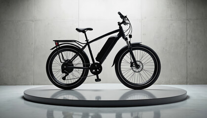 Fototapeta premium Modern black electric bicycle displayed on clean podium. Features include powerful battery, lightweight carbon frame, comfortable design for urban commuting mountain biking adventures. Eco-friendly