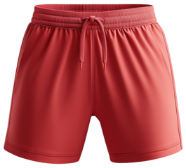 Classic red athletic shorts made of lightweight polyester. Sporty design suitable for training and active wear. Isolated on a transparent background.