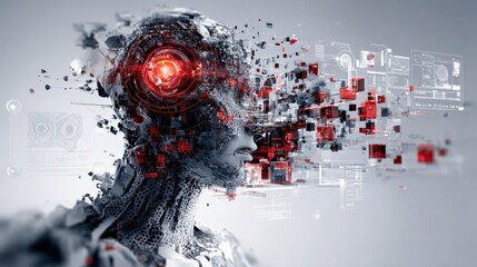 Futuristic digital human head with glowing red eye and data streams representing artificial ligence technology and cybersecurity