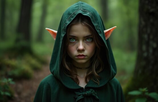 Young elf girl with striking green eyes wears a green hooded cloak in a mystical forest. Her enchanting beauty and serene expression create a captivating, dreamlike fantasy mood.