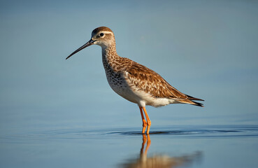 Obraz premium Common redshank wader bird standing in calm water. Wild animal fauna exhibits distinctive plumage. Photographed in natural habitat, shallow blue water reflection. Scandinavia, Europe nature scene.