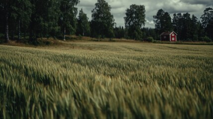 Serene rural landscape with lush green field wheat crop and a distant red barn under cloudy sky surrounded by tall trees and countryside scenery