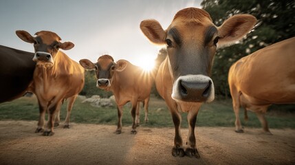Fototapeta premium Herd of Brown Cows Standing on Dirt Ground in Open Field Du Sunset with Sky and Trees in Background