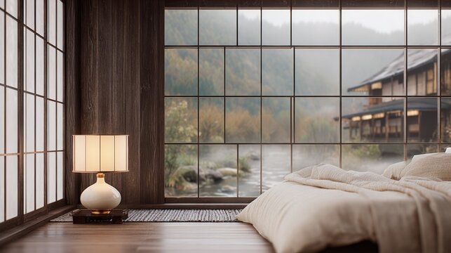 Cozy bedroom with large floor-to-ceiling window overlooking a river and mountains, natural light, minimalist decor, tranquil retreat - Powered by Adobe
