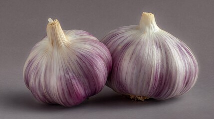 Obraz premium Vibrant purple striped garlic bulbs, a healthy and pungent ingredient for cooking.