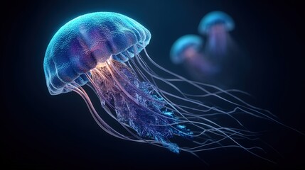 Glowing Bioluminescent Jellyfish in Dark Ocean Water with Long Tentacles and Transparent Bell-Shaped Body Underwater