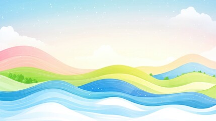 Obraz premium Abstract colorful landscape illustration with wavy hills and pastel sky. Colorful hills and wavy shapes create a peaceful nature background. Scenic digital environment, pastel tones, ideal for
