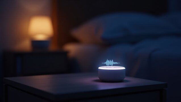 Smart speaker on a nightstand next to a bed with a lamp in the background in a dark room setting