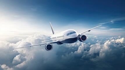 Obraz premium Modern commercial jet airplane flying high through the clear blue sky with scattered clouds du daytime for travel and aviation concepts