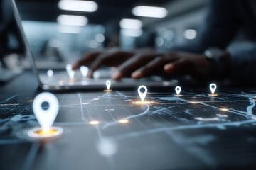Modern digital technology and data connection concept showcasing a person's hand using a laptop with illuminated location markers on a futuristic digital map
