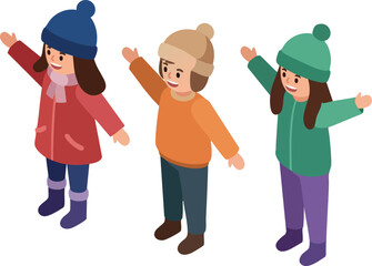 Fototapeta premium Children wearing winter clothes waving hands in cold weather outdoor vector illustration