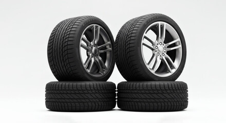 Set of three car wheels with tires, Isolated on white 02