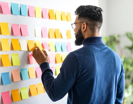 Man organizing sticky notes on a whiteboard