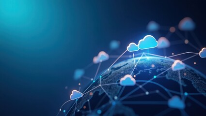 A blue globe with connected cloud icons representing global network and data communication technology