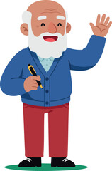 Obraz premium Elderly man waving hand holding pen in casual clothing vector illustration cheerful and friendly character design