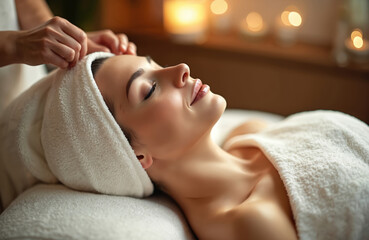 Young woman receives facial treatment in luxury spa. Therapist performs gentle massage on her face. She enjoys pampering, relaxation, experiencing rejuvenation, skin care. Soft lighting, candles.