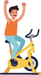 Young man exercising on yellow indoor stationary bike with raised arms and joyful expression vector illustration