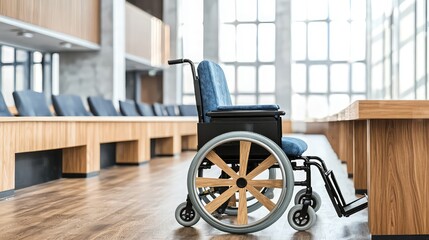 A blue wheelchair positioned in a modern conference room with wooden furniture and large windows. The space is bright and spacious, designed for accessibility.
