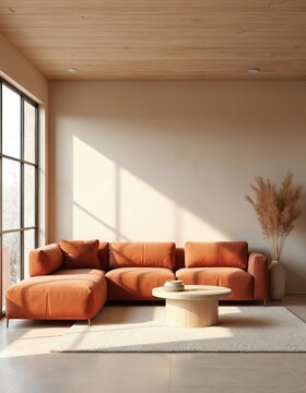 Warm terracotta corner sofa complements modern living room interior with beige stucco walls. Natural light streams through large windows, illuminating plush carpet, round coffee table. Tall vase with