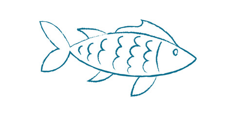 Aquatic fish silhouette doodle. Cartoon aquatic creature swim in ocean. Underwater life, flat texture, suitable for posters or flyers. Chalk and crayon style