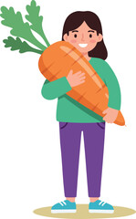 Girl holding large carrot smiling happily with green leaves and colorful casual clothes vector illustration