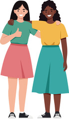 Obraz premium Two diverse young women friends standing together showing thumbs up and smiling in casual clothes vector illustration