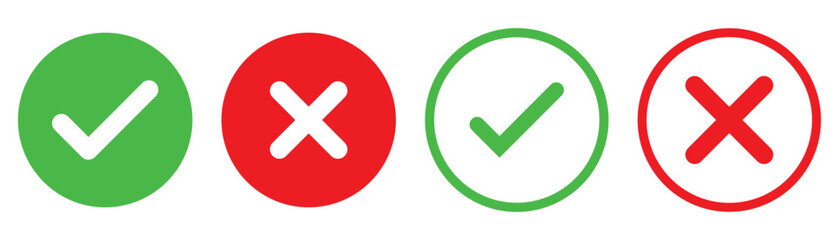 Obraz premium Set green approval check mark and red cross icons in circle and square, checklist signs, flat checkmark approval badge, isolated tick symbols
