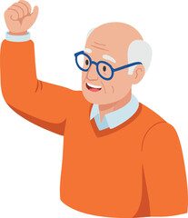 Obraz premium Elderly man with glasses wearing orange sweater raising fist in cheerful gesture vector illustration