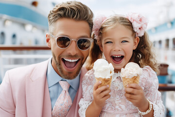 Father and daughter smiling widely while holding ice cream cones. Bright outdoor background with vibrant colors presents a joyful atmosphere. Concept of family bonding, summer fun, dessert enjoyment
