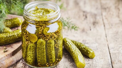 A glass jar filled with pickles sits on a wooden surface. Several pickles are placed beside the jar. The scene highlights homemade food preservation.