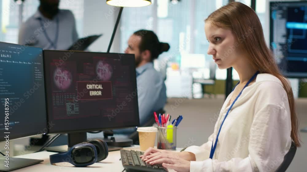 Poster female programmer in startup office struggling to fix application errors while coding. young woman d