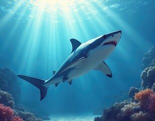 Fototapeta premium Majestic Great White swims in vibrant blue ocean water. Sun rays pierce surface illuminating reef, marine life. Powerful apex predator explores underwater world, raw natural beauty, ocean ecosystem.