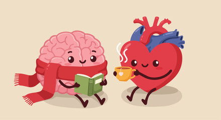 Obraz premium Cute cartoon brain and heart characters shaking hands - friendship and cooperation concept
