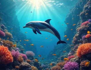 Fototapeta premium Dolphin swims through vibrant coral reef teeming with colorful fish. Sunlight streams from ocean surface illuminating underwater scene. Detailed seascape marine life, diverse coral formations in