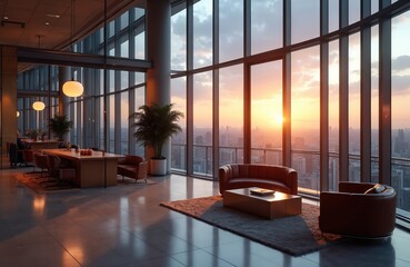 Luxurious office interior with floor-to-ceiling windows offering stunning sunset city views. Features contemporary furniture, tables, sofas, plants, bathed in soft ambient lighting for serene