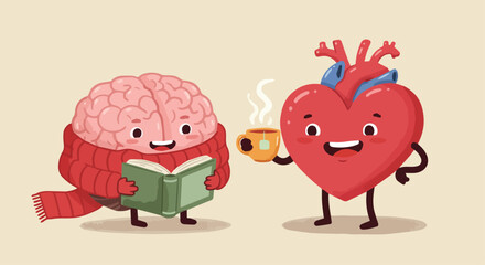 Cute cartoon brain and heart characters shaking hands - friendship and cooperation concept