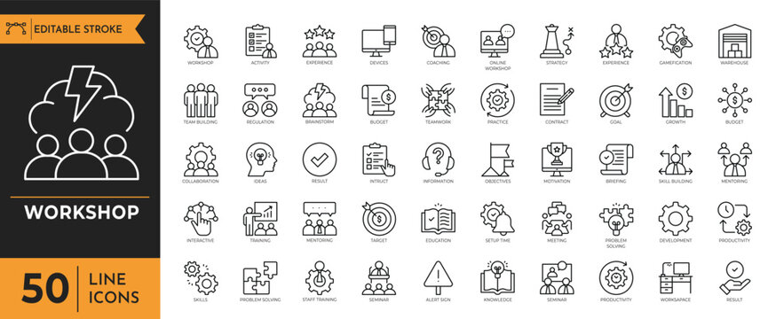 Workshop icon set. Containing team building, training, coaching, teamwork, meeting, managing, coaching, motivation and more. Editable stroke. vector illustration