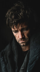 Fototapeta premium Man with sad expression in dark moody lighting.