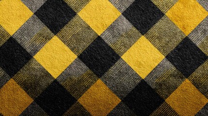 Textured yellow worn background with dark grey tartan pattern, blending vintage fabric style and industrial grunge design