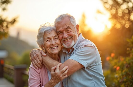 Elderly couple hugs warmly at sunrise, enjoying quality time together. Senior man and woman smile with love and happiness on their faces, sharing a relaxed moment outdoors.
