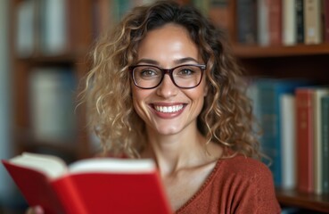 Smiling woman wearing glasses holds open red book with white spine. Looks happy, content in library setting with bookshelves. Focus on education, learning, literature for students avid readers.