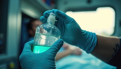 Paramedic in blue gloves prepares oxygen mask in ambulance. Close-up of gloved hands holding medical liquid. Urgency and care for patient wellbeing. Modern emergency response healthcare.