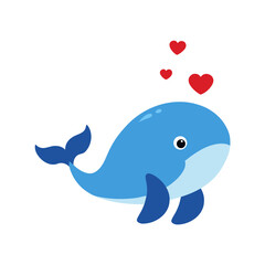Obraz premium Baby whale blowing hearts adorable sea Line Art Vector illustration