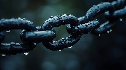 A close up view shows glistening droplets of water clinging to a dark, weathered metal chain against a softly blurred, atmospheric background texture outdoors.
